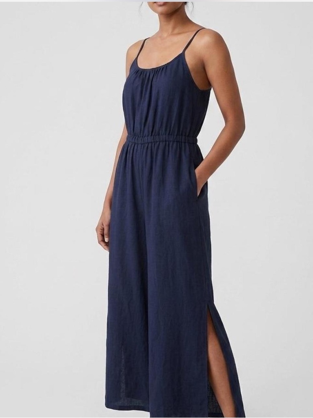 HAUTE HIPPIE Navy Linen Wide-Leg Jumpsuit with Side Slit